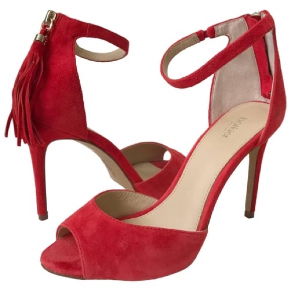 Botkier Anna Stiletto Poppy Red High Heels with Ankle Strap and Tassel
